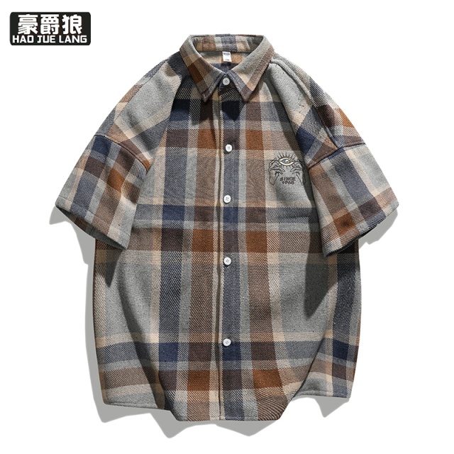 13704002.格子短袖衬衫男士夏季宽松休闲潮牌印花衬衣半袖外套休闲风寸衫潮