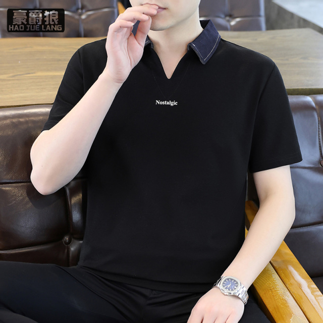 13703949.拼接牛仔翻领短袖t恤男士夏季潮流修身v领上衣休闲冰丝POLO衫