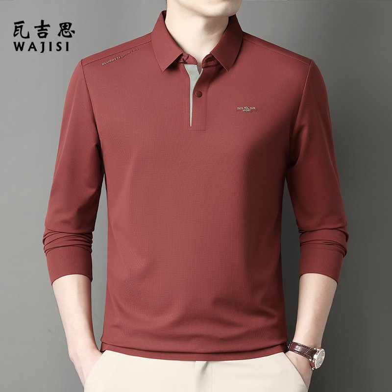 13704060.中年男士长袖t恤纯棉翻领打底polo衫春秋季爸爸秋衣服上衣