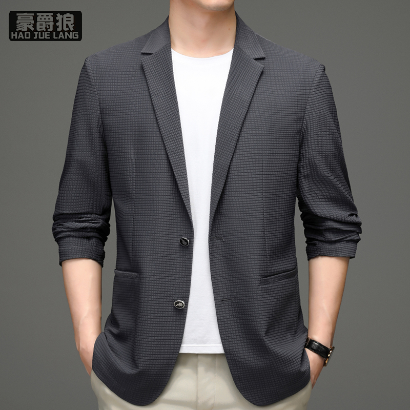 13704028.春秋季新款男士华夫格西服休闲商务中青年免烫小西装外套男