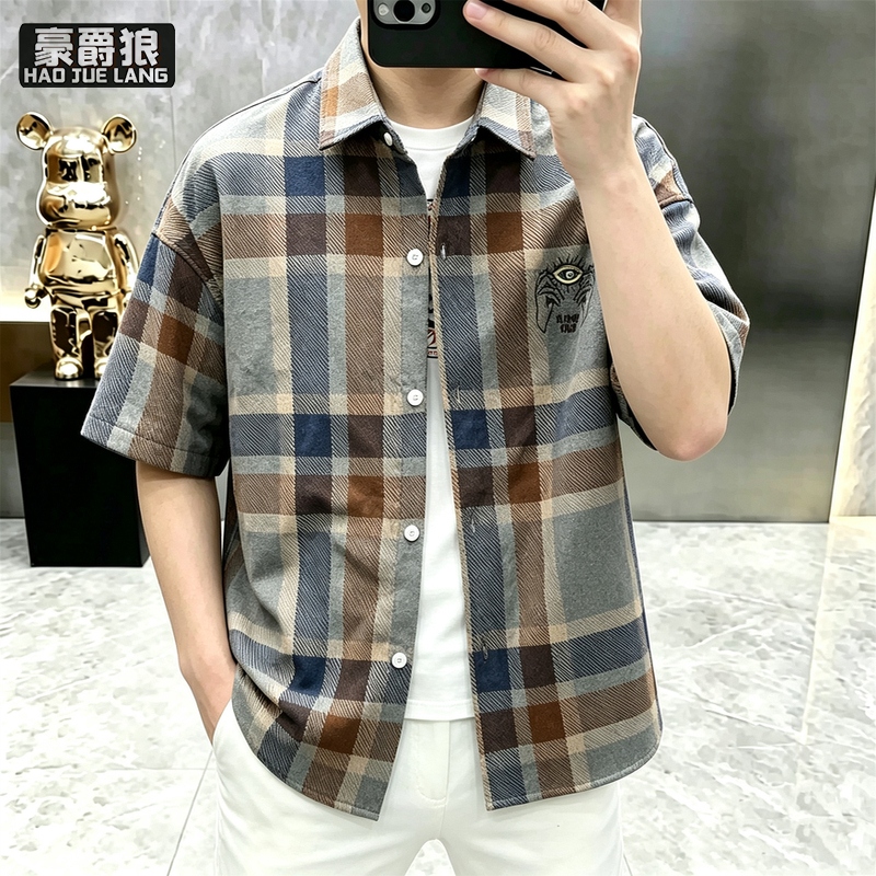 13704002.格子短袖衬衫男士夏季宽松休闲潮牌印花衬衣半袖外套休闲风寸衫潮