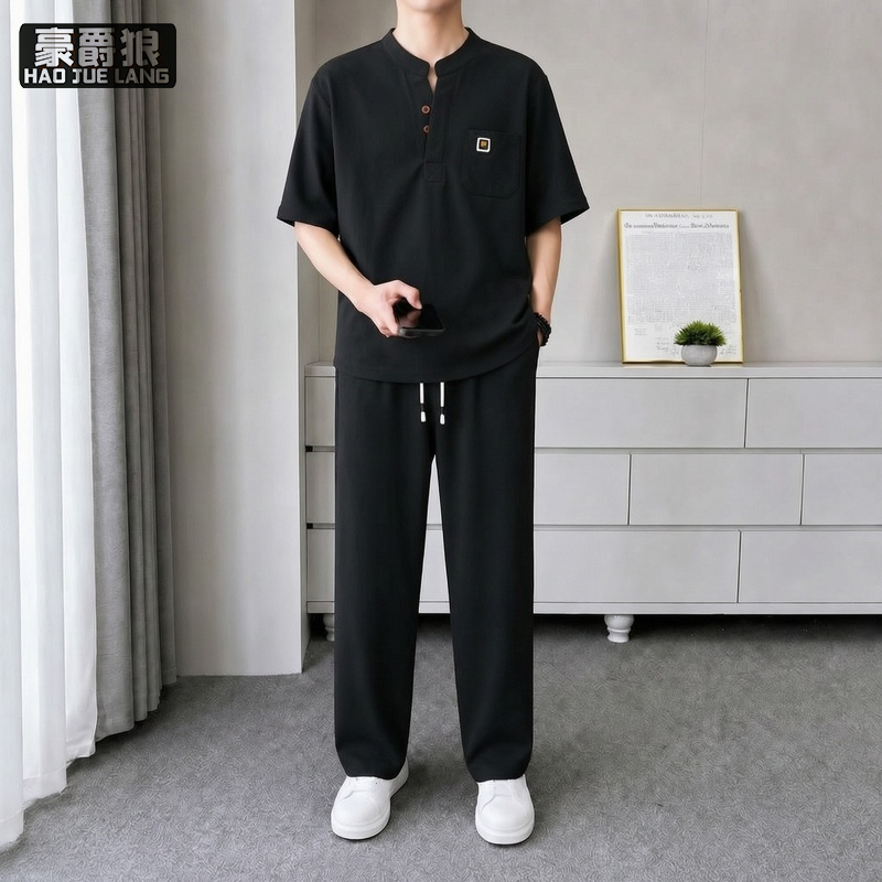 13703961.夏季短袖长裤冰丝套装男士休闲高级感青奢舒适V立领T恤男装两件套