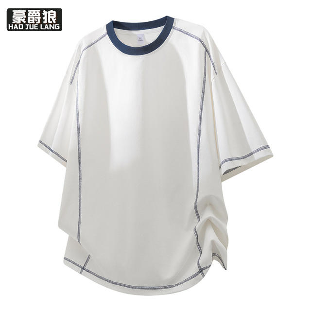 13703951.撞色明线短袖T恤男宽松休闲纯色修身圆领设计感小众百搭潮流上衣