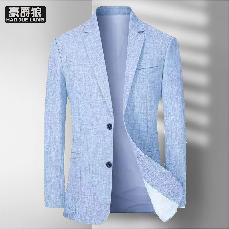13703942.高品质上衣西服男士外套春秋季新款商务休闲便西亚麻秋装纯色西装