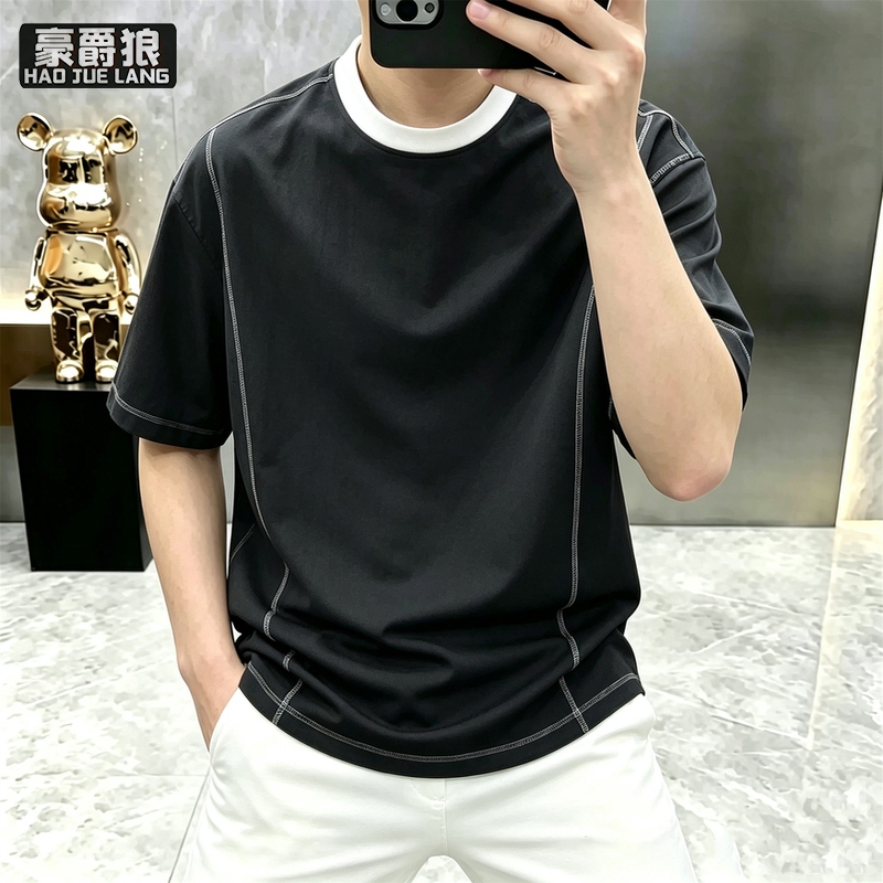 13703951.撞色明线短袖T恤男宽松休闲纯色修身圆领设计感小众百搭潮流上衣