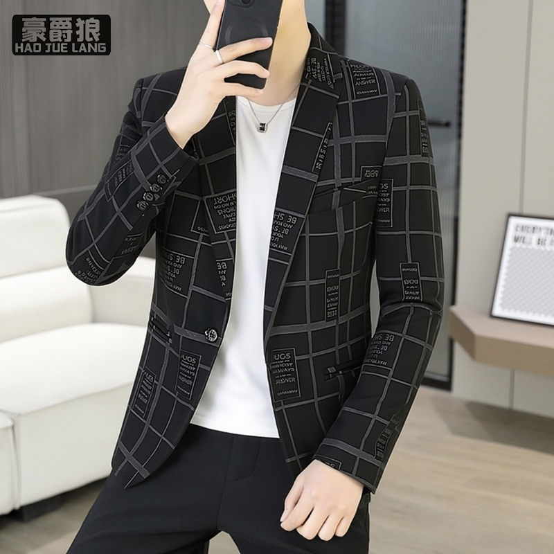 13704024.春秋季格子西服男士韩版修身单西高级感商务休闲小西装外套