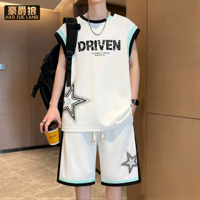 13704010.休闲运动套装男夏季新款无袖t恤男背心青少年潮流帅气整一套搭配
