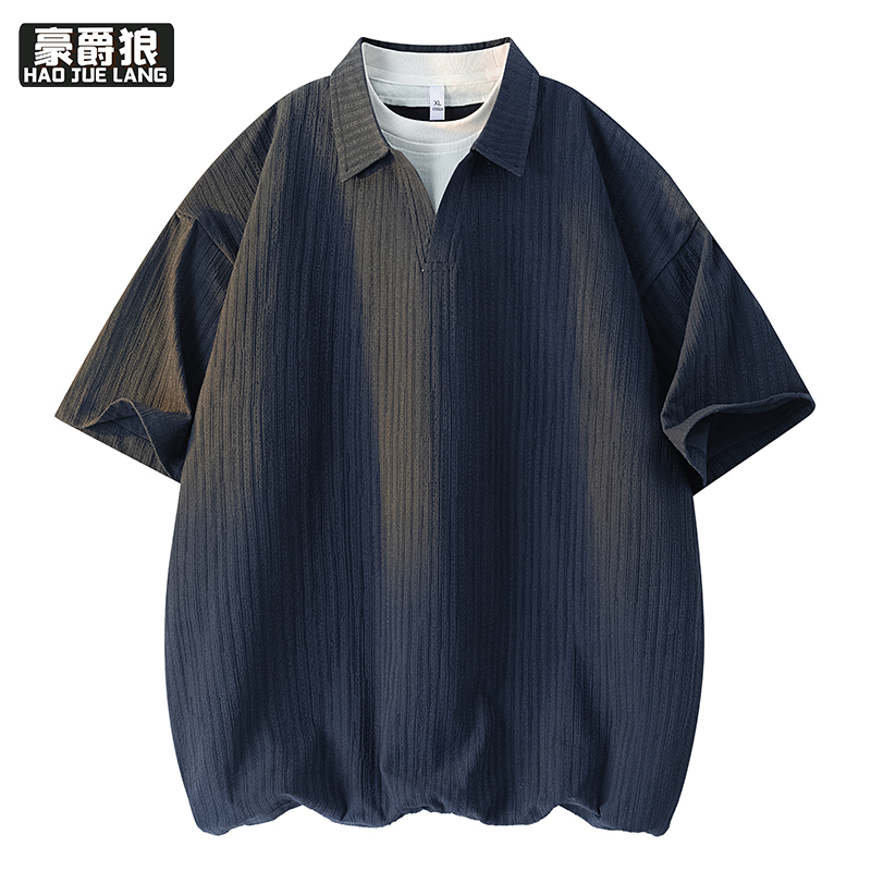 13703977.冰丝短袖POLO衫男款夏季时尚青少年潮牌上衣有领宽松休闲t恤男装