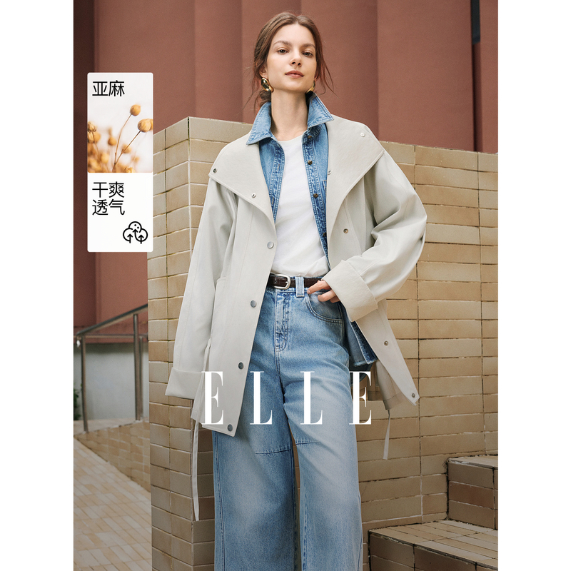 13716349.ELLE翻领中长款风衣式外套女优雅气质风抽绳上衣