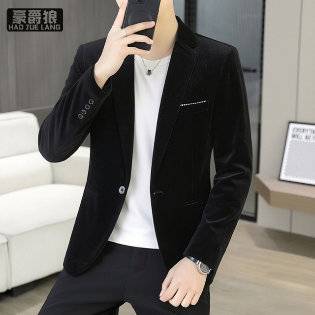 13703962.高端金丝绒西服外套男春秋季新款韩版潮流帅气修身男士小西装上衣