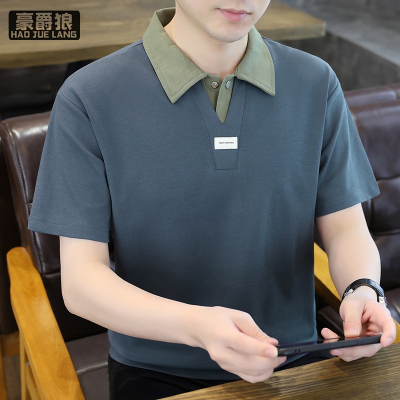 13703941.韩版撞色翻领Polo衫短袖T恤夏季潮流青年翻领短袖韩式男士宽松
