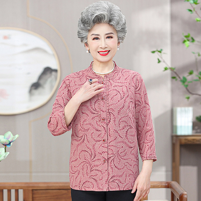 13717142.妈妈装花边领印花七分袖时尚衬衫Q7GXM338