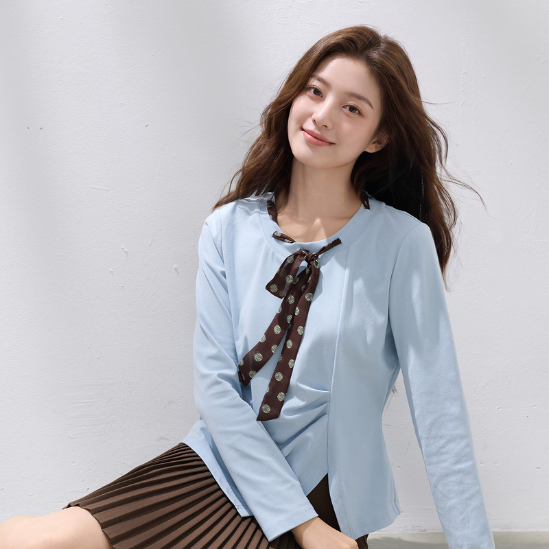 13716724.三彩若潮大码女装2026秋季新款圆领飘带长袖通勤棉T恤微胖MM