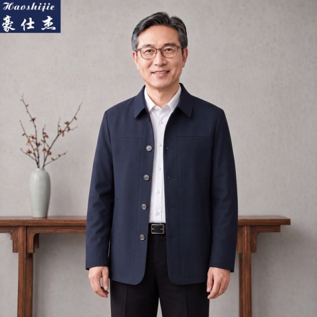 13718732.《休闲舒适》春秋季中年男士宽松休闲中老年爸爸外套单排扣夹克衫