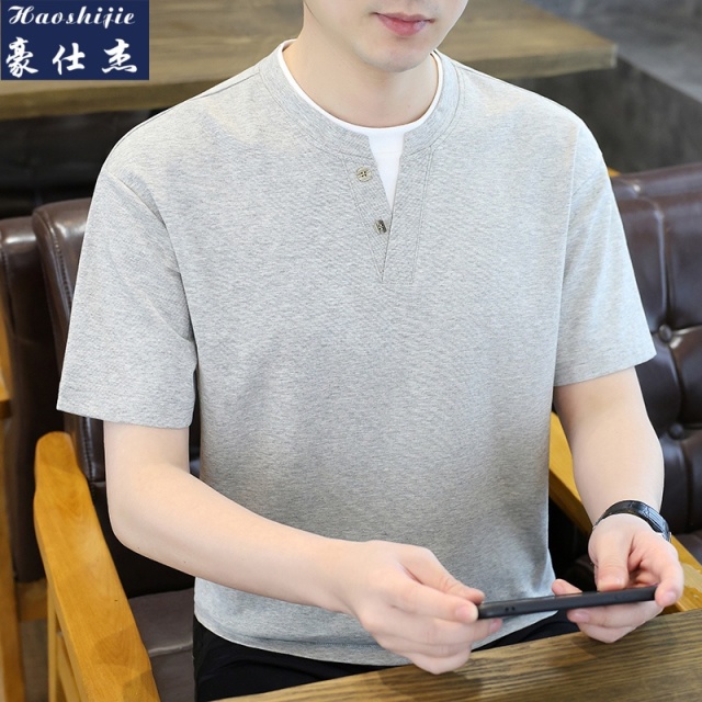 13718731.《休闲舒适》夏季新款老钱风假两件囯潮短袖T恤潮流青年休闲短袖