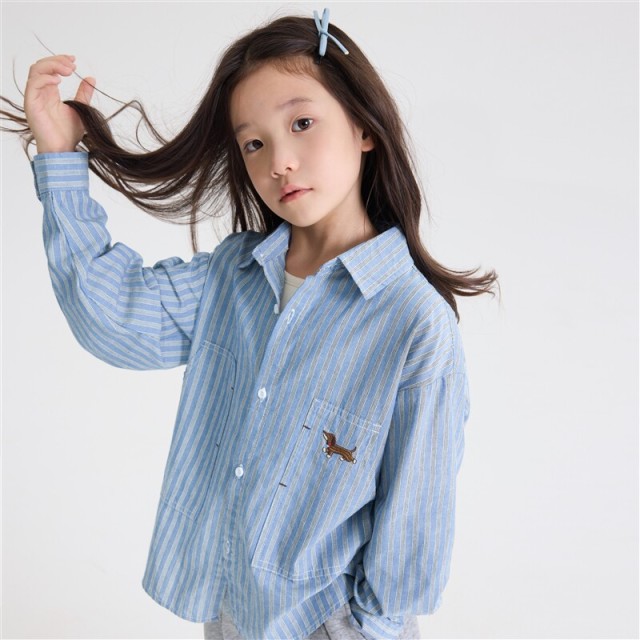 13728209.【100%棉】海妈家女童纯棉条纹衬衫2026春秋新款儿童腊肠狗刺绣长袖衬衣外套