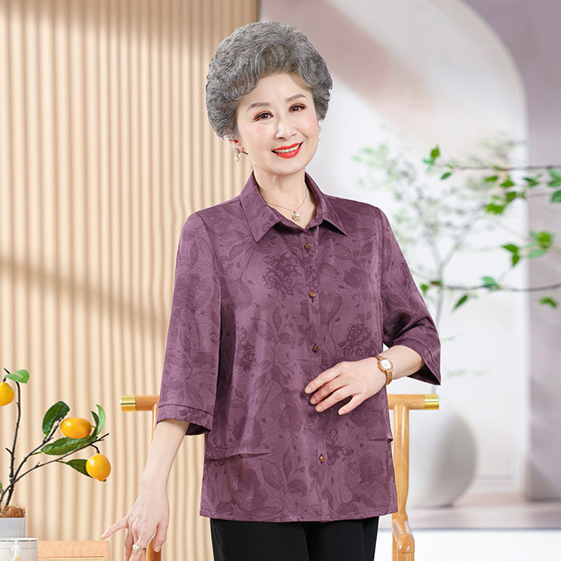 13718195.妈妈装翻领印花七分袖时尚衬衫J7GXM5062