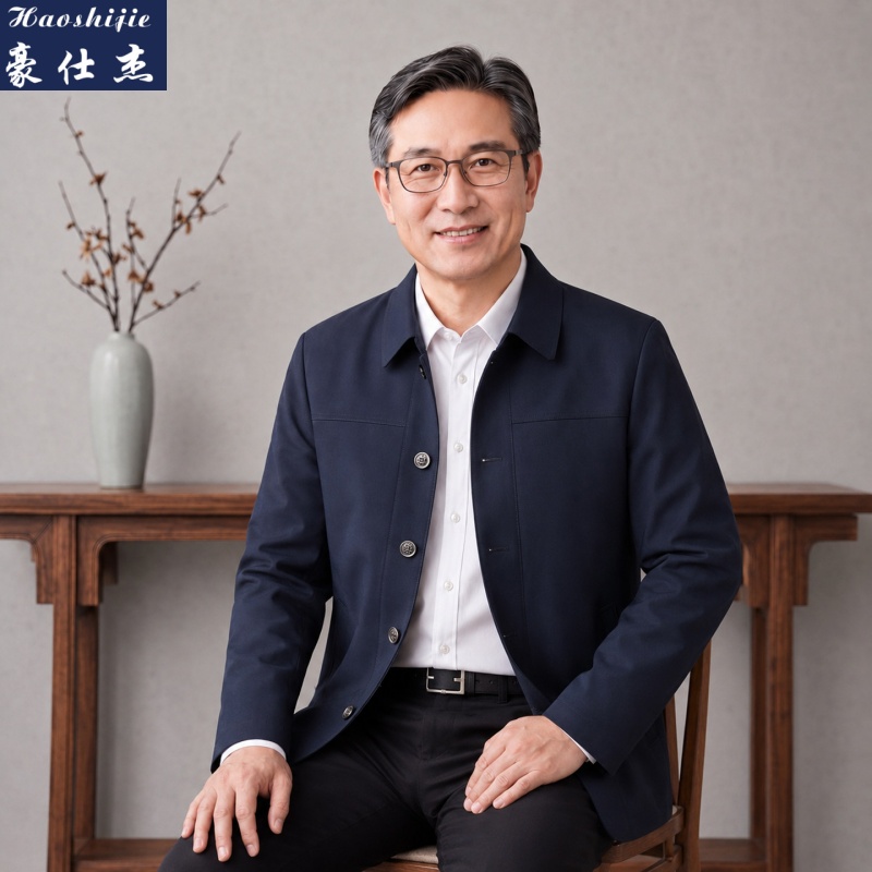 13718732.《休闲舒适》春秋季中年男士宽松休闲中老年爸爸外套单排扣夹克衫
