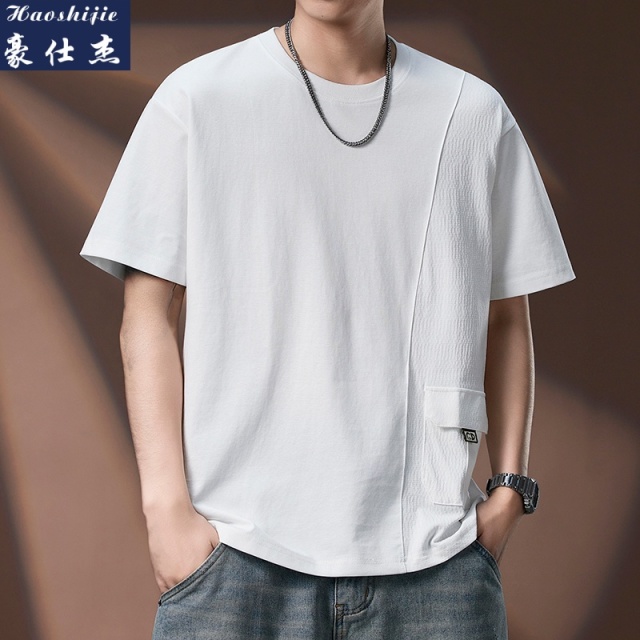 13718733.《休闲舒适》夏季带盖口袋拼接圆领短袖T恤潮流百搭青年短袖