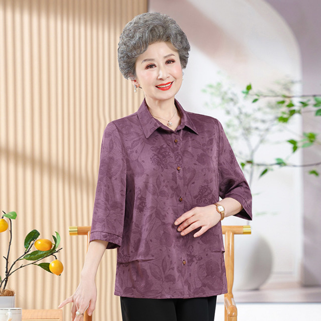 13717140.妈妈装翻领印花七分袖时尚衬衫Q7GXM5062