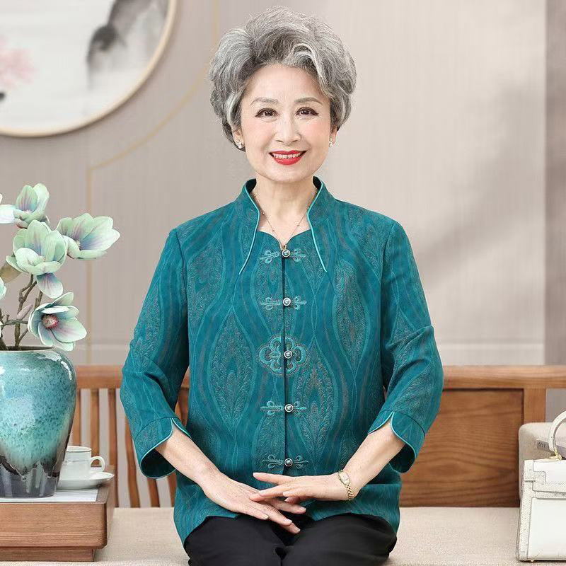 13717144.妈妈装中式国风刺绣七分袖衬衫Q7GXM339