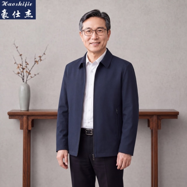13718734.《休闲耐穿》春秋季新款行政夹克干部短款翻领商务中年男士夹克外套