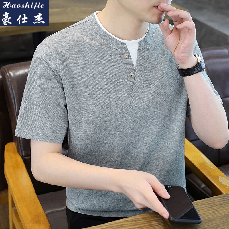 13718731.《休闲舒适》夏季新款老钱风假两件囯潮短袖T恤潮流青年休闲短袖