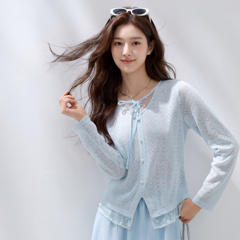 13716845.三彩若潮大码女装2026秋季新款假两件蕾丝衫小衫长袖显瘦微胖MM