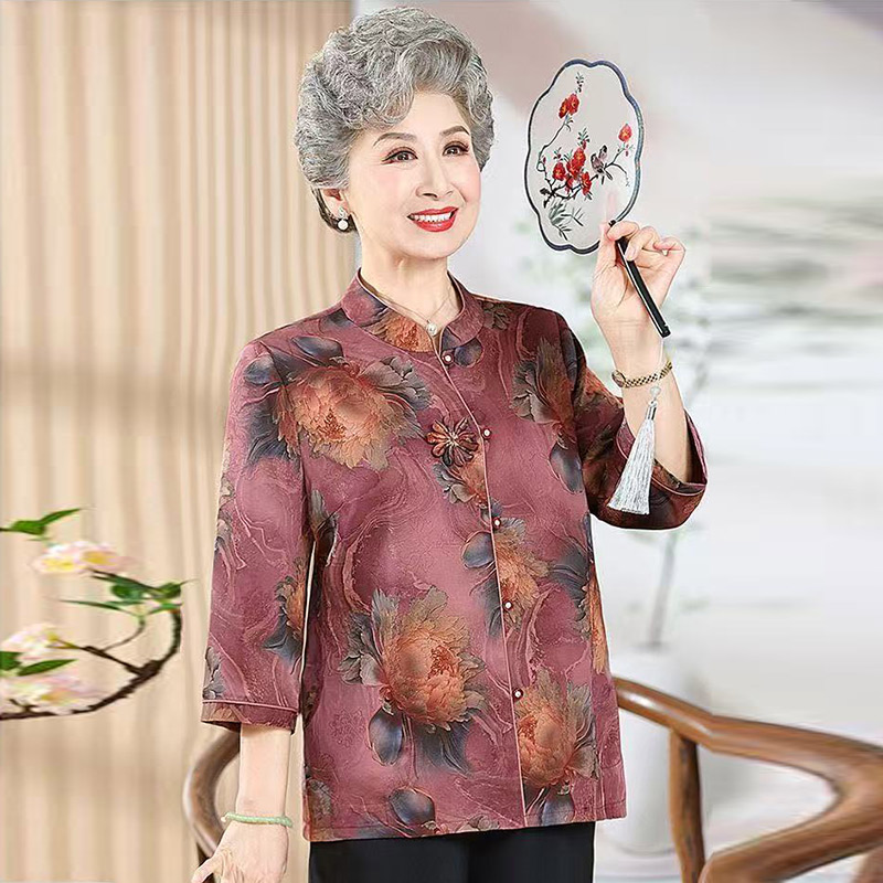13717143.妈妈装中式国风印花七分袖衬衫Q7GXM50622