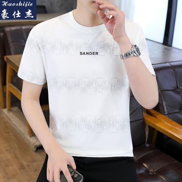 13718736.《百搭潮流》夏季冰丝暗条纹提花圆领短袖T恤潮流冰丝男士短袖