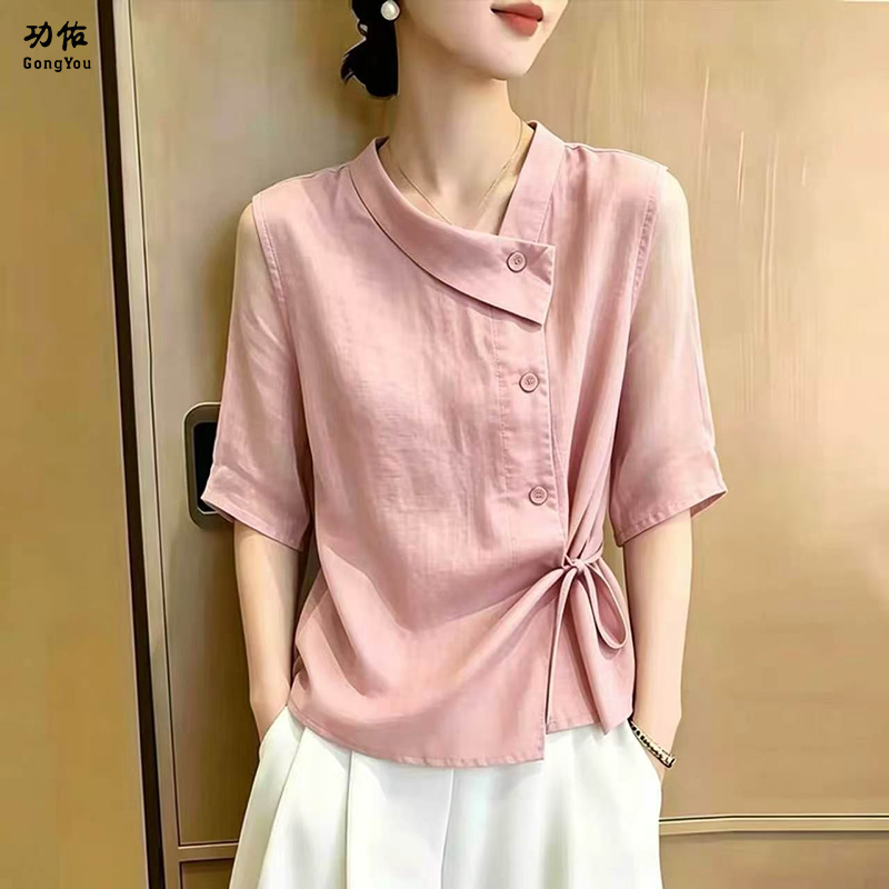 13721186.【功佑】法式系带收腰不规则衬衫
