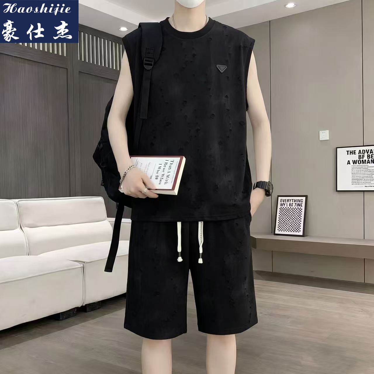 13719746.《百搭潮流》夏季新款t恤套装男士无袖短裤宽松破洞两件套