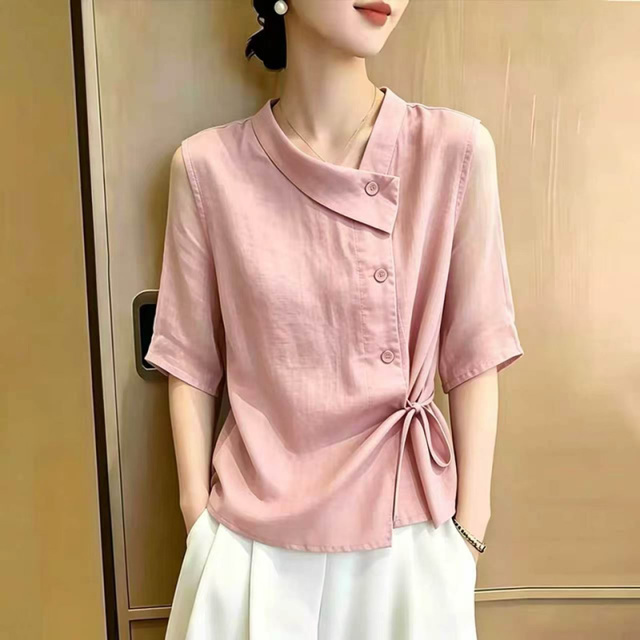 13721186.【功佑】法式系带收腰不规则衬衫