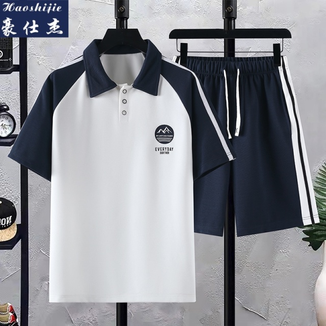 13719749.《舒适透气》夏季学院风男百搭休闲运动短袖Polo衫套装