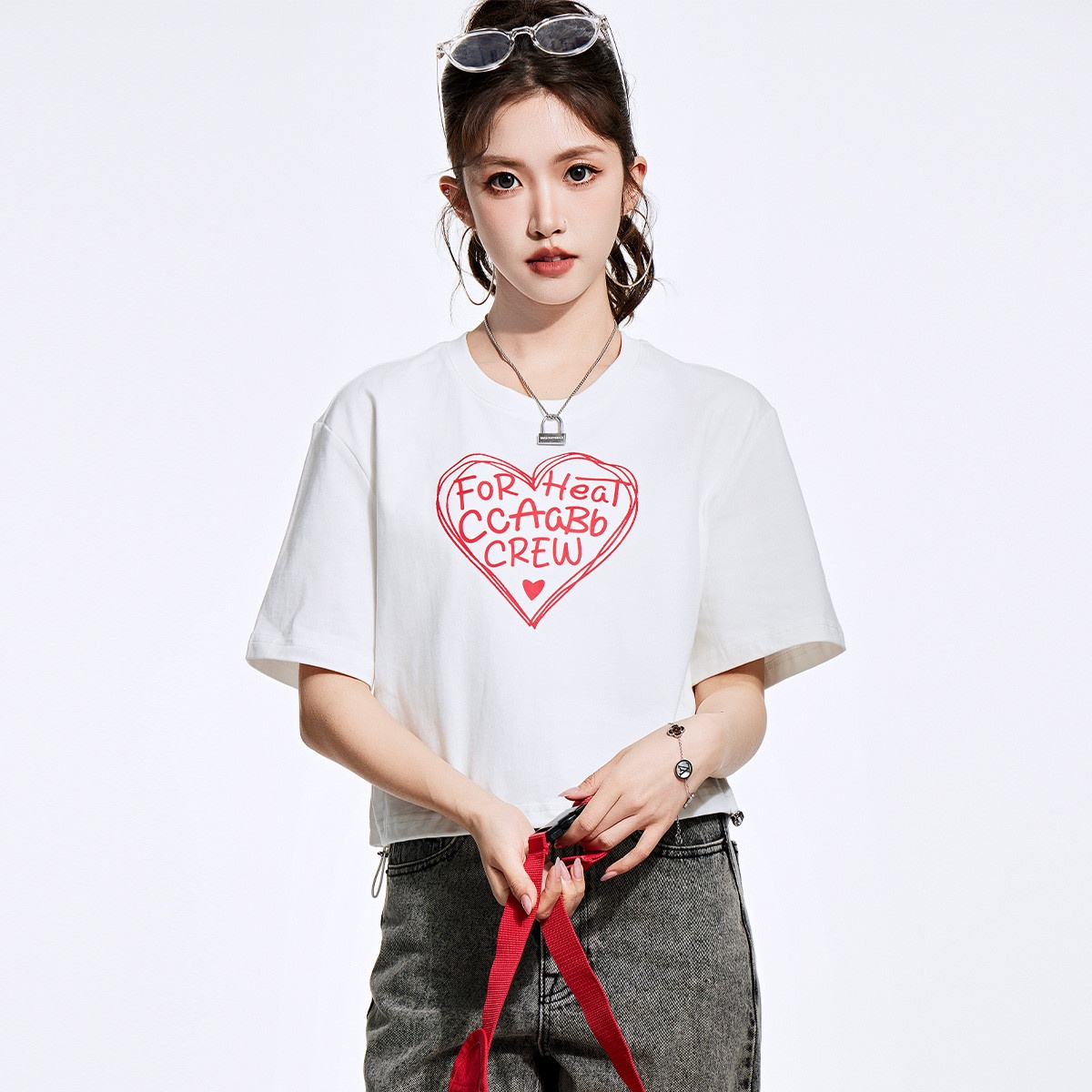 13719814.it ccaabb女装夏季辣妹风休闲短款圆领印花T恤抽绳可调