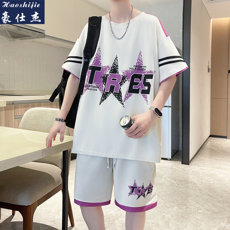 13719745.《百搭潮流》夏季新款休闲运动短袖短裤男士青少年衣服套装