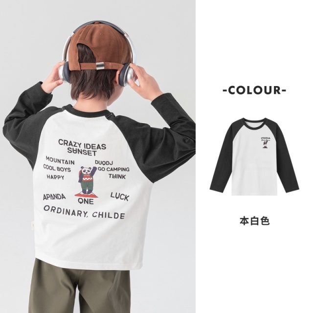 13721152.男童长袖T恤春秋艺术插画熊印花上衣儿童全棉日常透气童趣打底衫