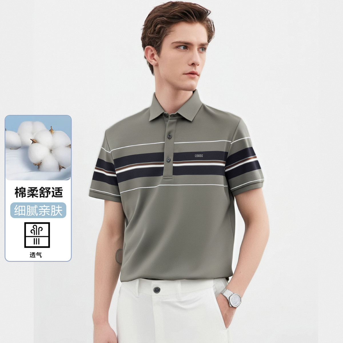 13720182.丝光棉+透气舒适夏季休闲定位条短袖体恤polo衫男