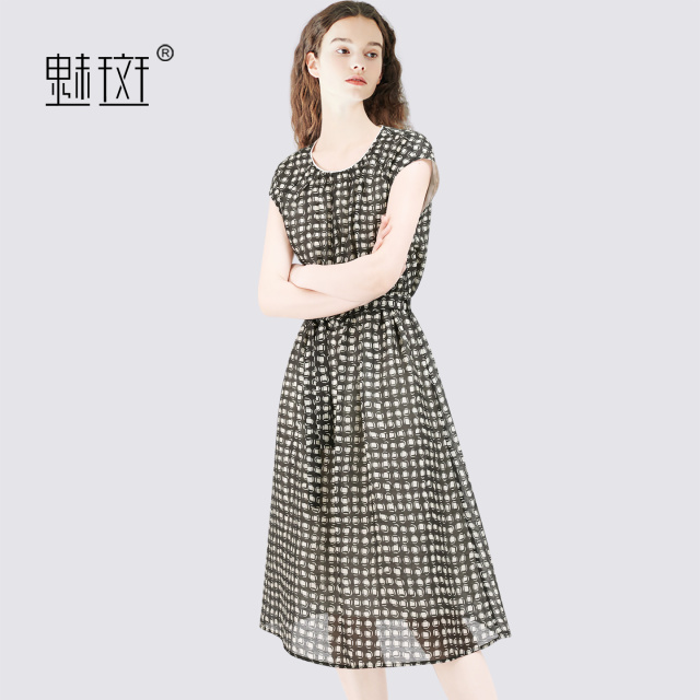 13721510.魅斑天丝亚麻圆领格子连衣裙女收腰裙子