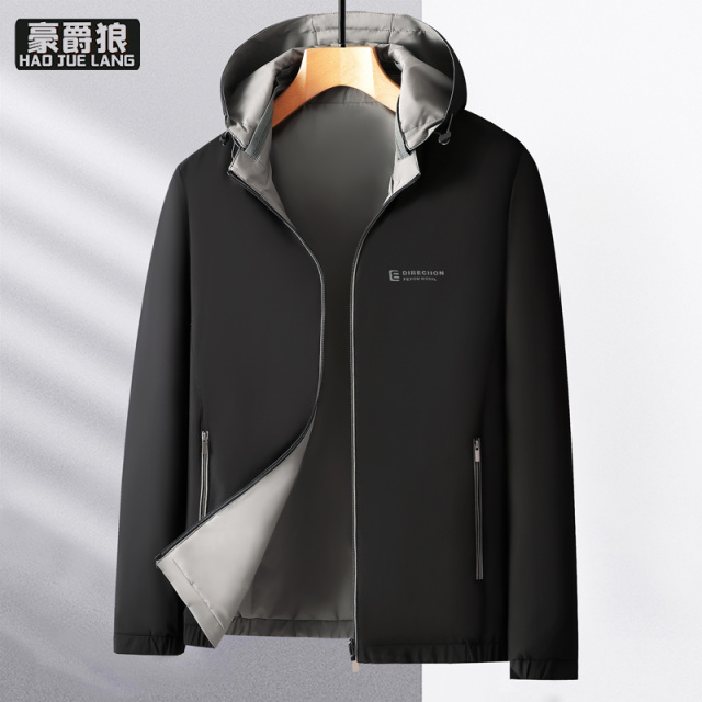 13722818.两面穿春秋季新款男士夹克外套连帽可脱卸商务休闲行政上衣