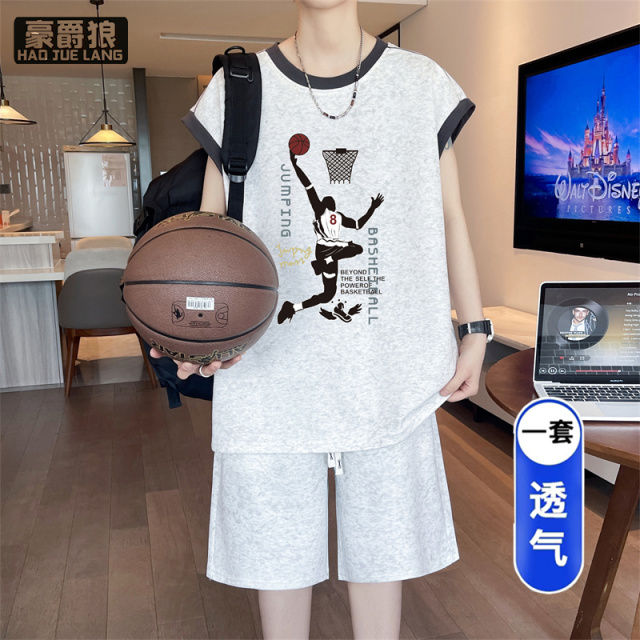 13722824.夏季新款青少年透气外穿薄款潮休闲宽松时尚男士无袖背心短裤套装