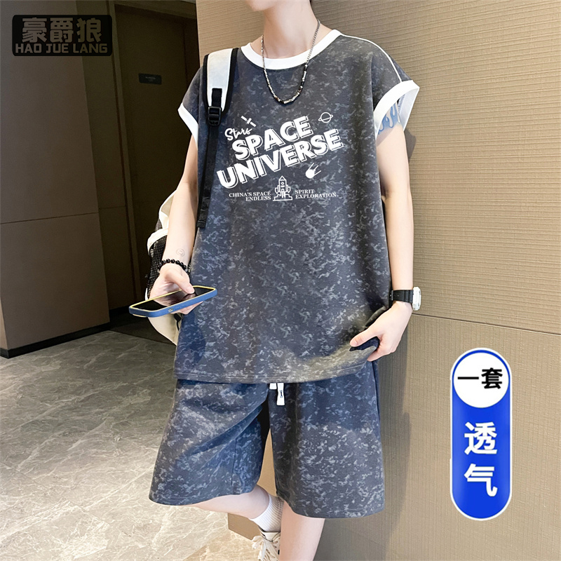 13722758.夏季无袖t恤男孩初高中运动学生衣服青少年大童男装背心短裤套装