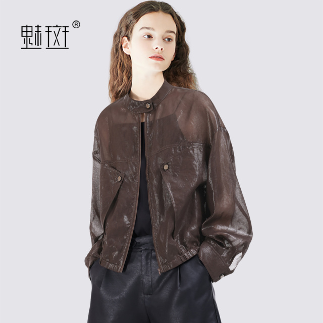 13721515.魅斑立领轻薄咖色短外套防晒透气