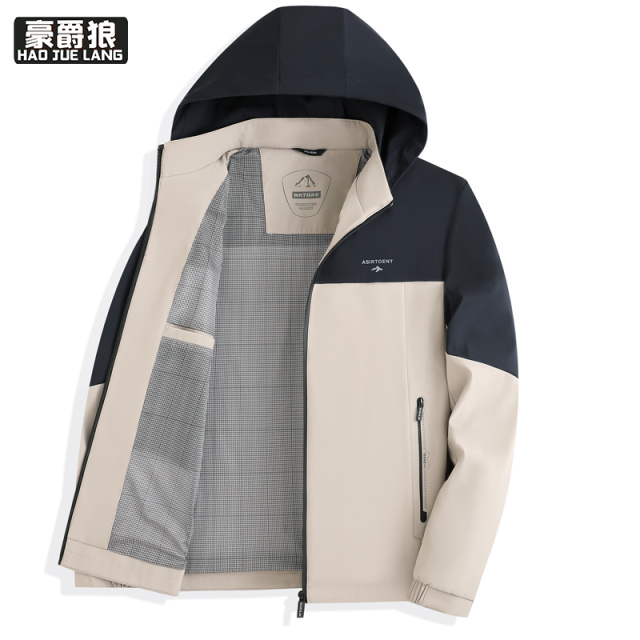 13722782.男士春秋季抗皱免烫立体裁剪带帽夹克户外拼色连帽休闲夹克