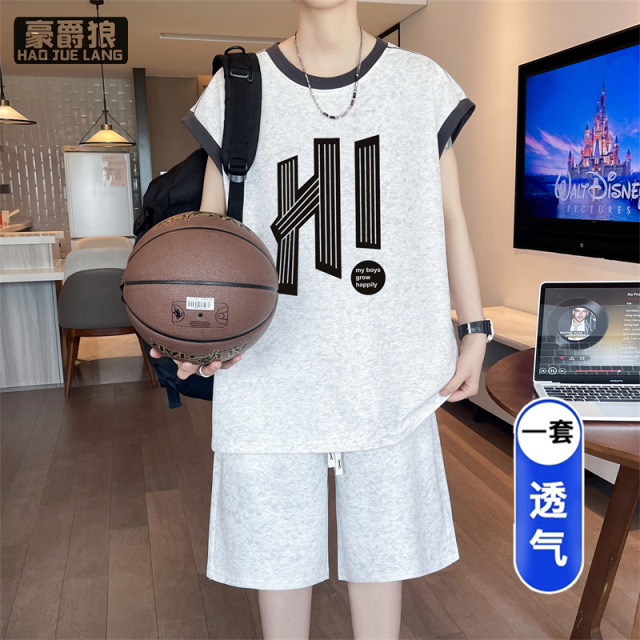 13722851.冰丝无袖t恤男夏季新款高中初中学生背心短裤青少年大童运动套装