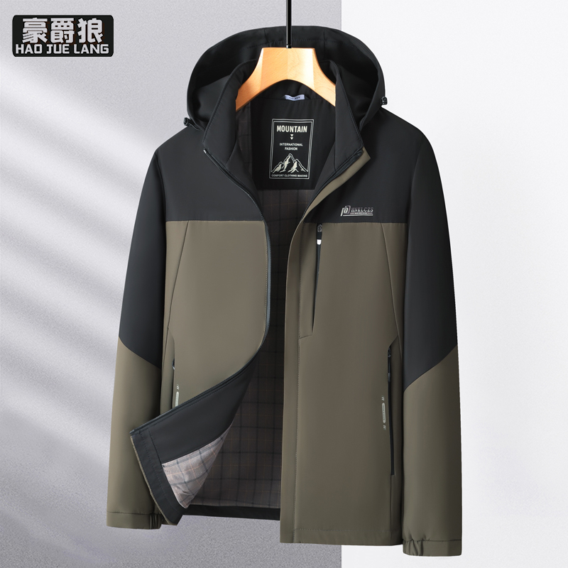 13722785.春秋季新款男士连帽夹克衫薄款休闲拼色中年爸爸春装外套带帽