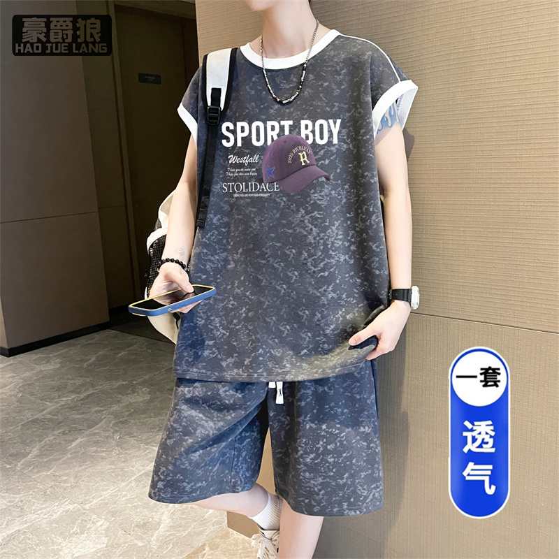 13722757.夏装青少年无袖坎肩背心运动套装胖男孩初中学生休闲运动短裤帅气