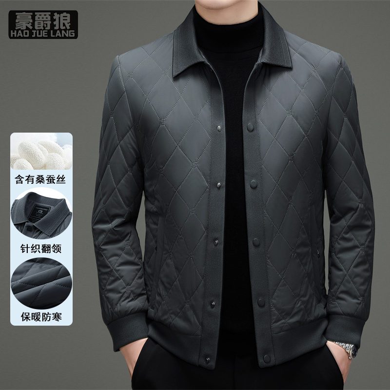 13722797.桑蚕丝短款棉服男秋冬轻薄保暖翻领夹克棉袄男装休闲棉衣早春外套