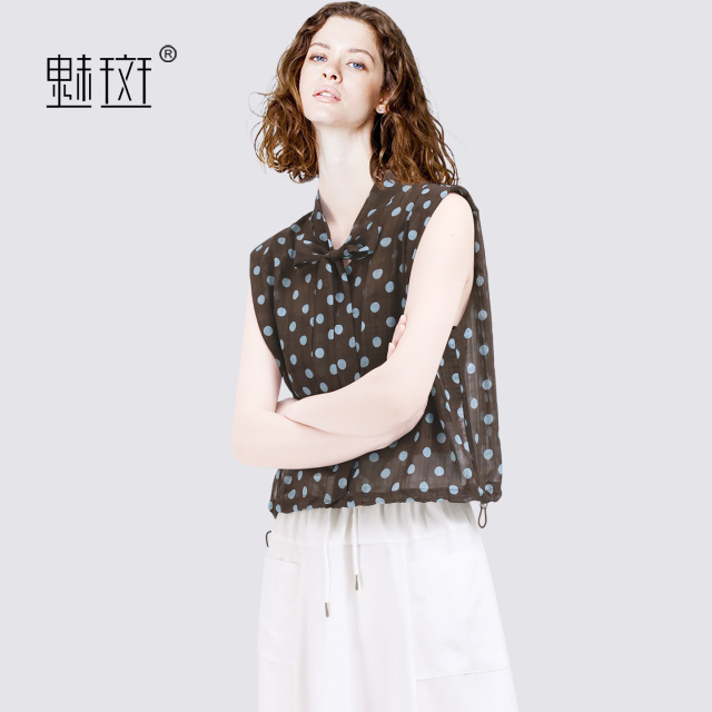 13721512.魅斑蝴蝶结系带无袖波点衬衫衬衣