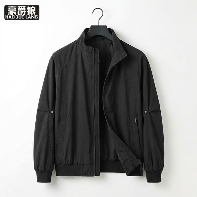 13722760.立领拉链夹克男时尚春季新款美式复古廓形机车风纯色宽松潮牌外套